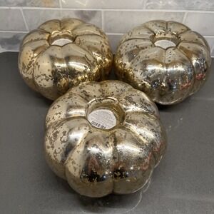 3 vintage style silver mercury glass pumpkin tea lite candle holder 7"x4"